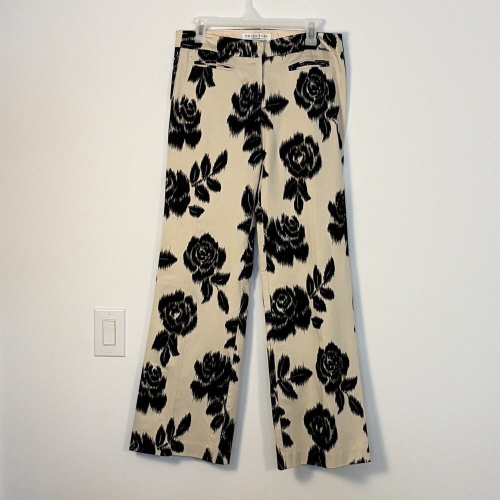 Trina Turk Beige Black Floral Straight Leg Flat Front Silk Satin Pants Women's